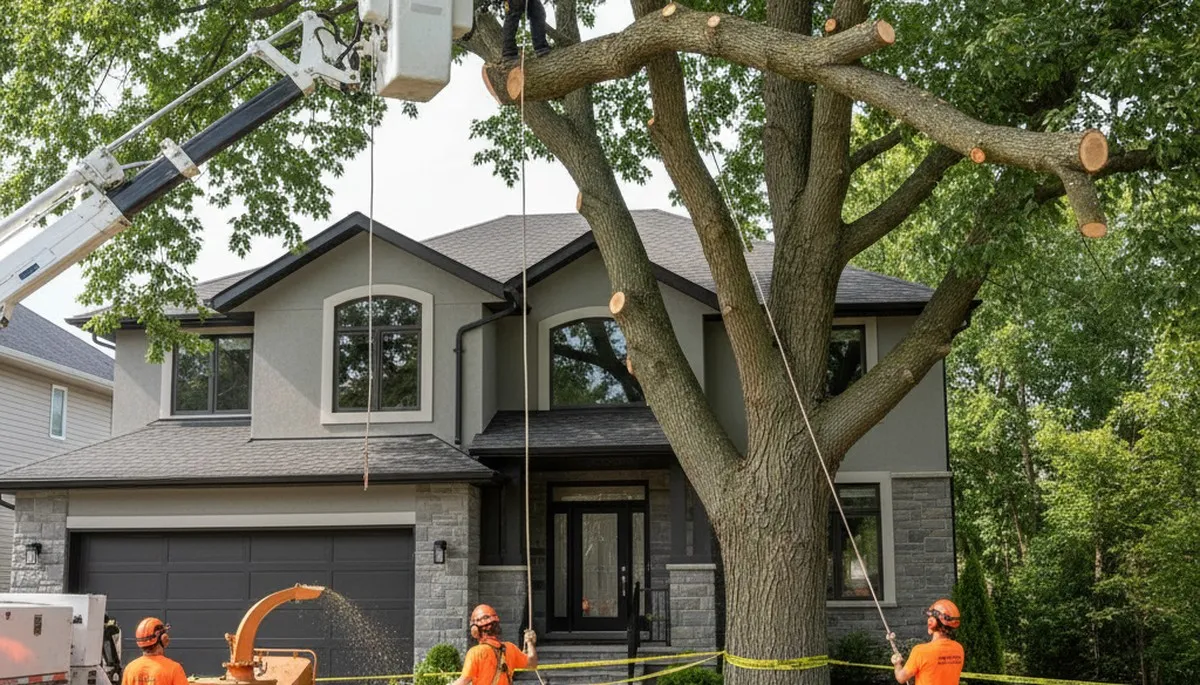 Arborists removing large tree with bucket truck in Aurora, Colorado for Denver tree removal service