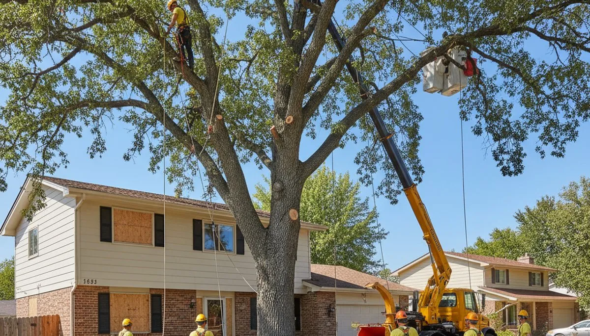 Professional arborists performing large tree removal in Westminster, Denver CO using bucket truck equipment