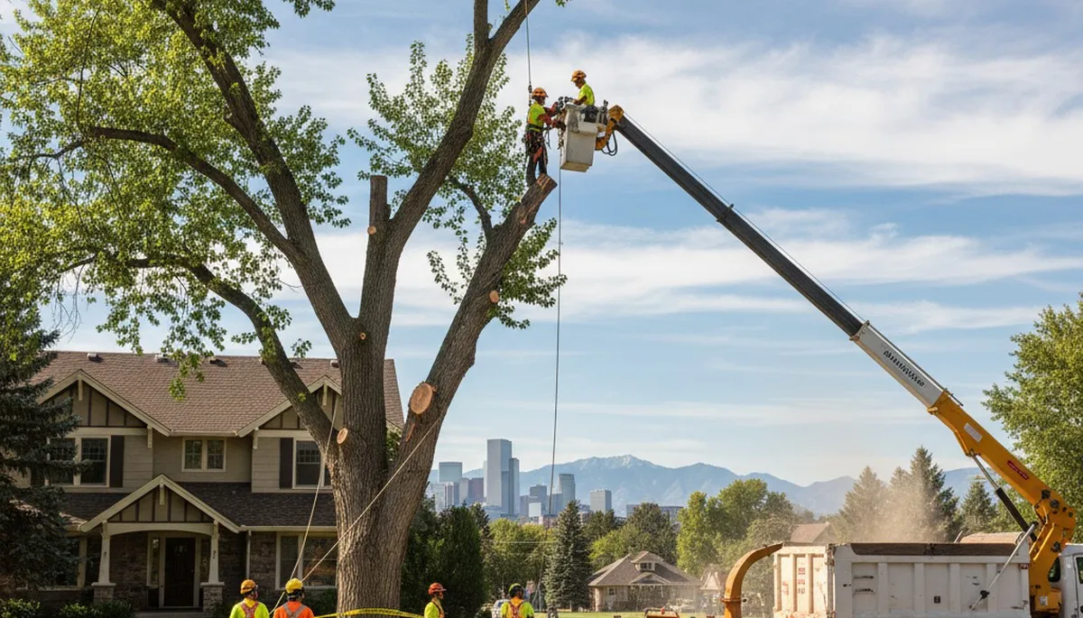 Arborists performing safe tree removal with professional equipment in Denver, CO