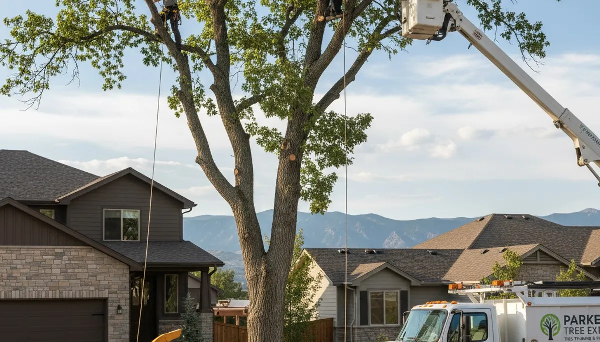 Professional tree removal service in Denver, CO safely cutting down large backyard pine tree